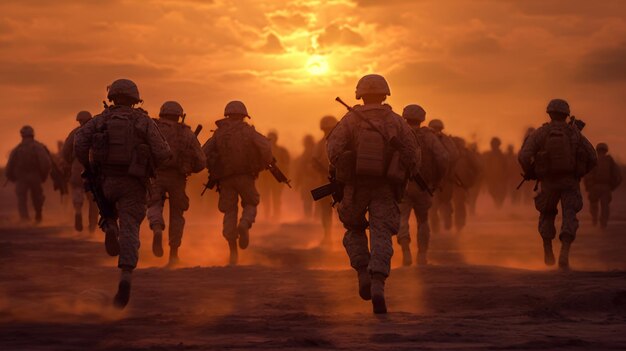 Photo photograph of army soldiers moving forward telephoto lens realistic sunset lighting