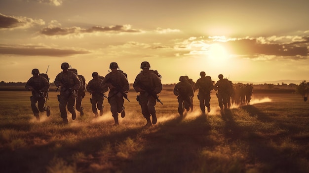 Фотография армейских солдат, движущихся вперед, телеобъектив, реалистичное освещение заката