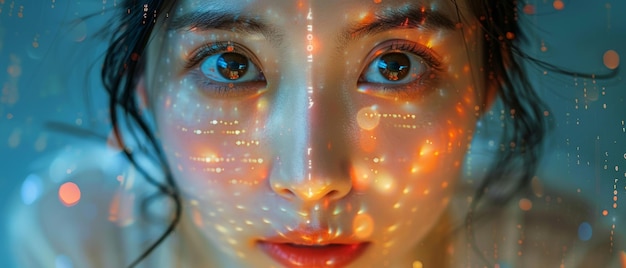 Photograph of Asian Female Entrepreneur Working on Computer with Lines of Code Projected on Her Face Software Developer Using AI to Develop an Innovative ECommerce App using Big Data