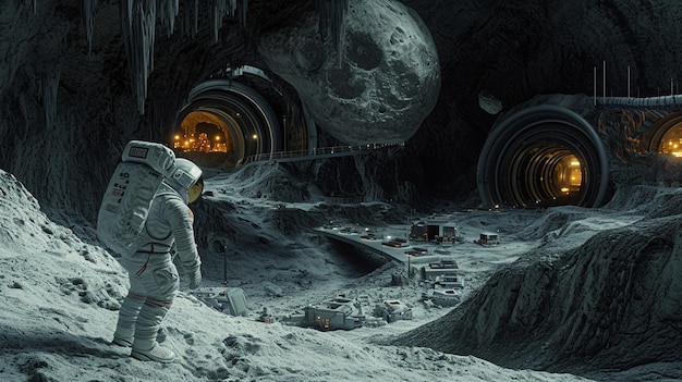A photograph of an astronaut exploring a cave on an alien plane