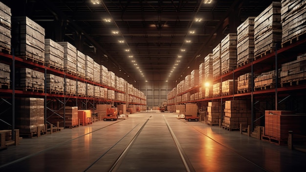 photograph of Automatic warehouse with high shelves wide angle lens realistic bright lighting