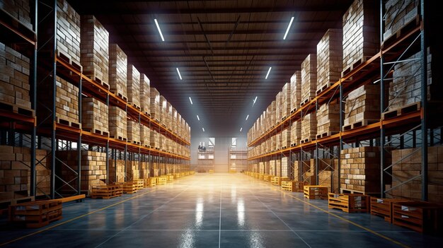 photograph of Automatic warehouse with high shelves wide angle lens realistic bright lighting