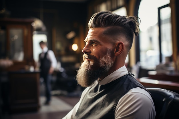 photograph of Barber man looking at the profile of his client