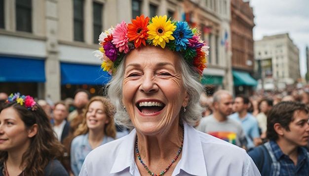 A photograph of a beautiful old woman in the pride parade smiling and celebrating equality