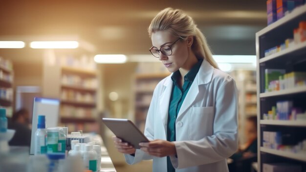 Photo photograph of a beautiful pharmacist uses digital tablet computer