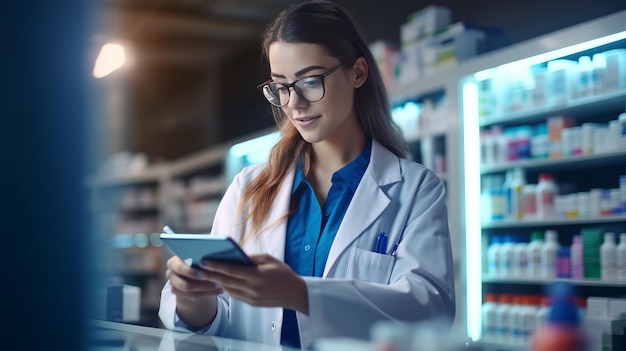 photograph of A beautiful pharmacist uses digital tablet computer