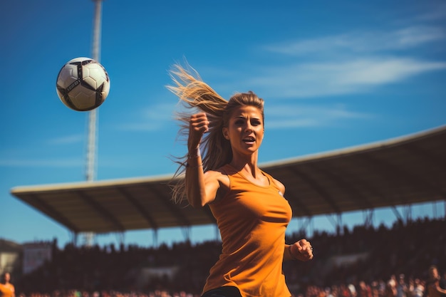 photograph of a beautiful woman playing soccer