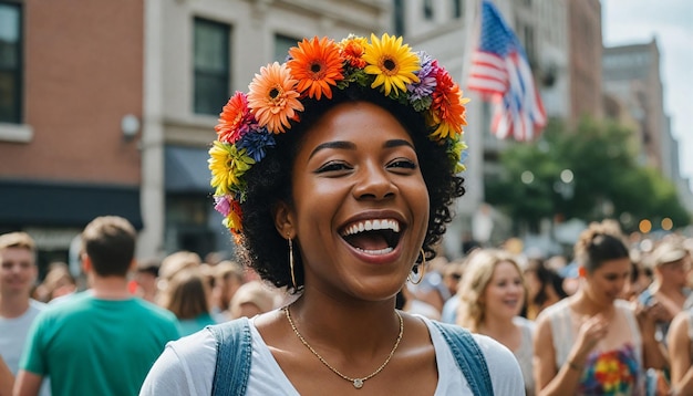 A photograph of a beautiful woman in the pride parade smiling and celebrating equality