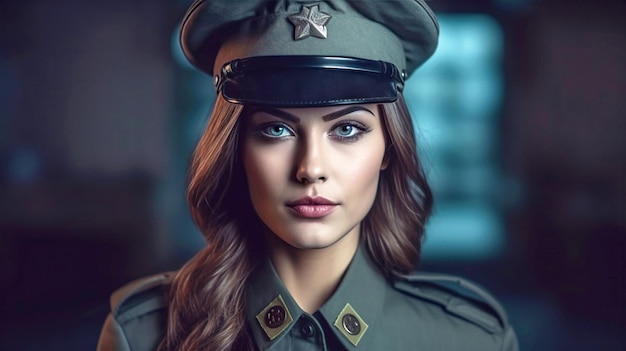 AI が生成した、軍のバッジと帽子をかぶった軍服を着た美しい若い女性の写真