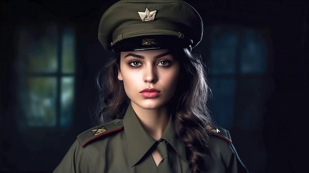 Photograph of a beautiful young woman in military uniform with army badge and hat AI Generated