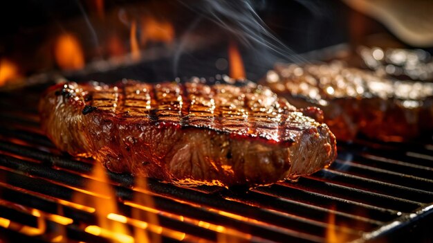 photograph of Beef ribeye steak barbecue on the grill telephoto lens realistic natural lighting