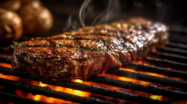 photograph of Beef ribeye steak barbecue on the grill telephoto lens realistic natural lighting