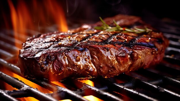 photograph of Beef ribeye steak barbecue on the grill telephoto lens realistic natural lighting