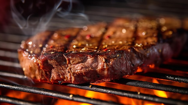 photograph of Beef ribeye steak barbecue on the grill telephoto lens realistic natural lighting