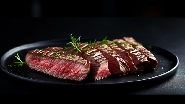 Photo photograph of beef sliced beef steak on black plate telephoto lens realistic natural lighting