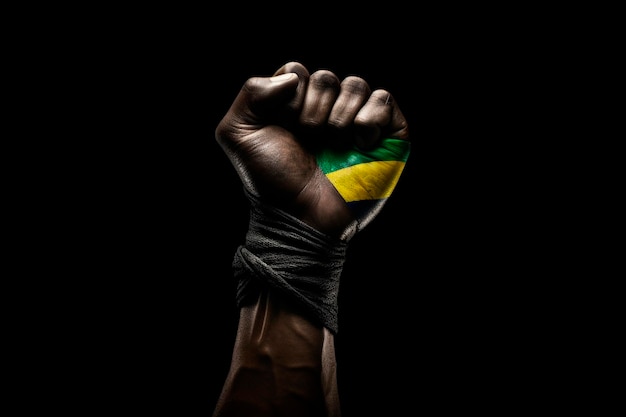 Photograph of a black fist raised in solidarity accompanied by the vibrant colors of the Brazilian