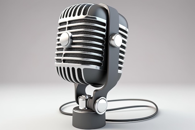 A photograph of a black and grey microphone isolated on a white backdrop