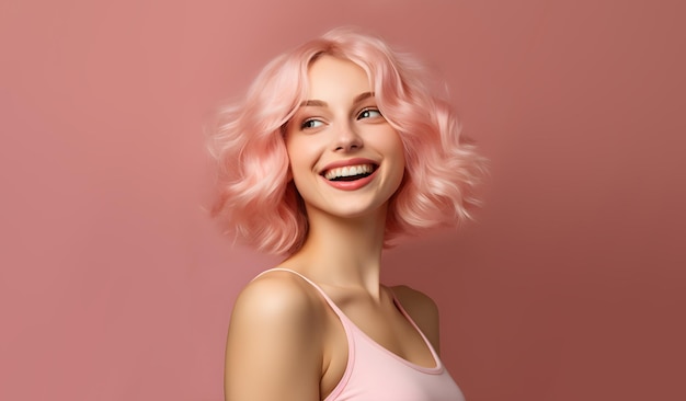 Photograph of a blonde pretty woman on a pink background Woman laughing and happy and wearing white