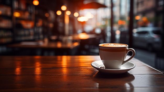 photograph of Blurred background image of coffee shop wide angle lens realistic lighting