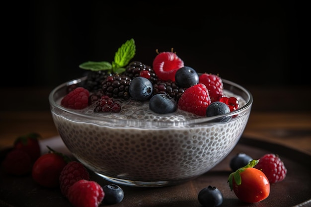 A photograph of a bowl of creamy coconut chia pudding Generative AI