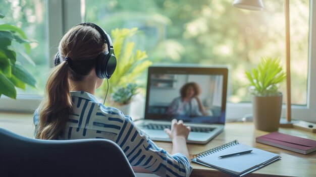 Photo photograph a businesswoman engaged in a video conference call with a laptop