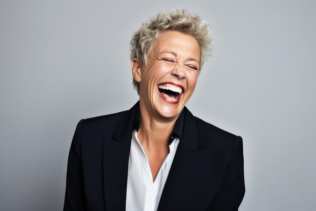 Photograph of a businesswoman having a hearty laugh in front of a white background