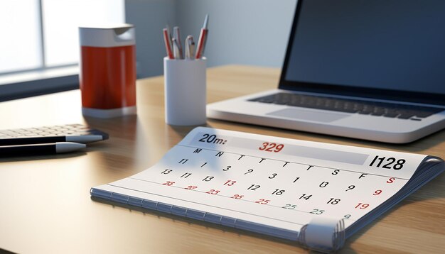 photograph of a calendar highlighting some dates stands on a desk white office background