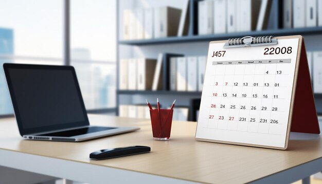 Photo photograph of a calendar highlighting some dates stands on a desk white office background