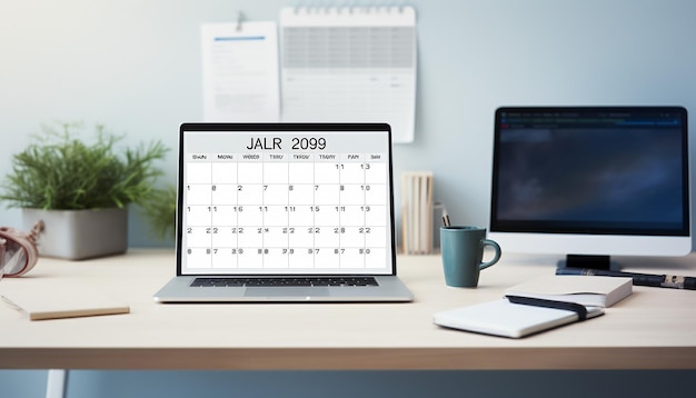 Foto una fotografia di un calendario che evidenzia alcune date si trova su uno sfondo di ufficio bianco