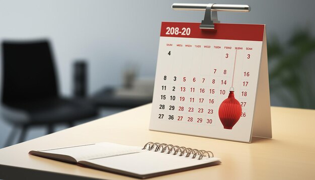 Photograph of a calendar highlighting some dates stands on a desk white office background