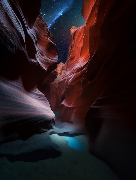 A photograph of a canyon with a blue sky and stars in the background.