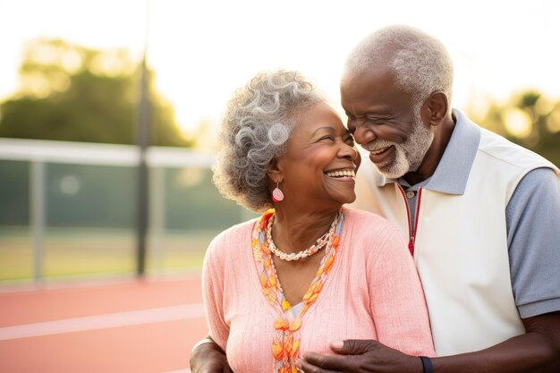 The photograph captures a heartwarming scene featuring an elderly African American couple both