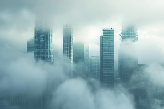 A photograph capturing a city immersed in clouds featuring tall skyscrapers standing prominently in the background Cloudtopped skyscrapers standing tall in an urban landscape AI Generated