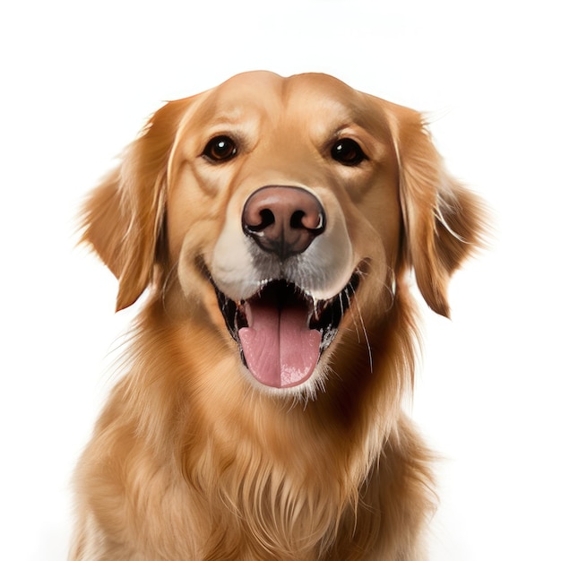 Photograph capturing a delighted golden retriever dog in isolation on a white background