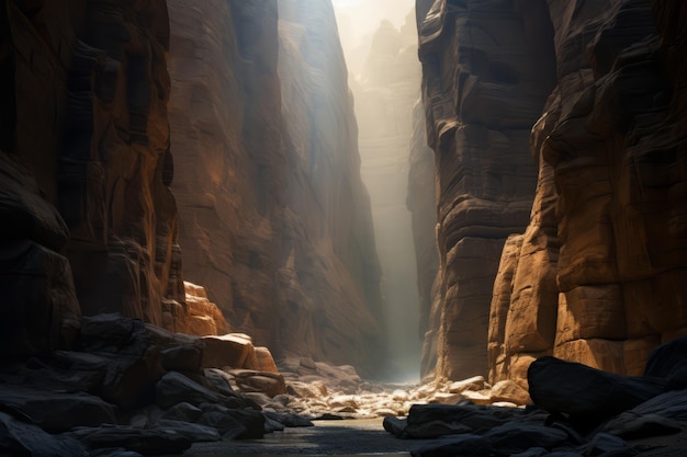 A photograph capturing the dramatic interplay of light and shadow in a canyon