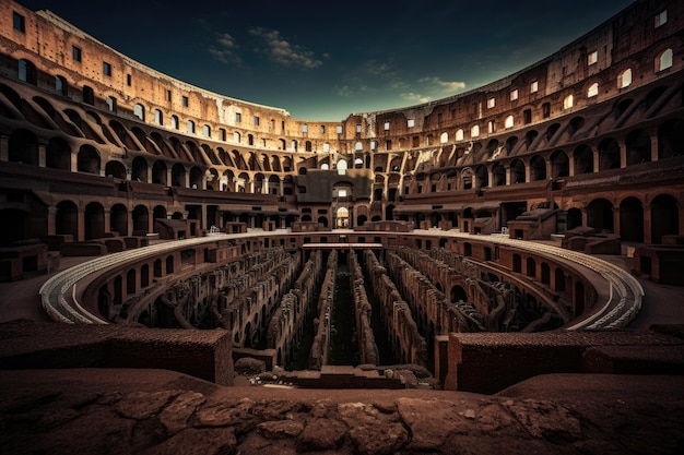 A photograph capturing the expansive interior of a large building with a circular floor The Colosseum or Flavian Amphitheatre AI Generated