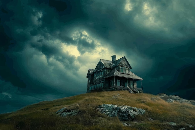 雲の空を背景に丘の頂上に座っている家を撮影する写真嵐の空の下の丘の頂上の幽霊の家人工知能 (AI) が生成した写真