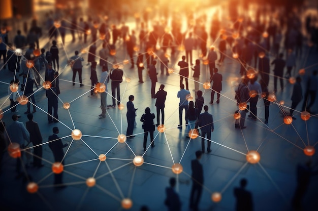 Фотография, изображающая сцену сети, где значительное количество людей стоит вокруг Вид толпы с сетью соединений, созданный ИИ