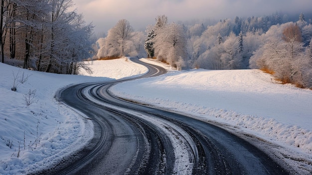 A photograph capturing a snowcovered road winding through a winter landscape