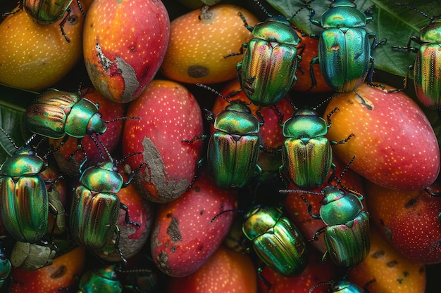 A photograph capturing a swarm of fruit beetles feasting on a ripe mango their shiny green bodies c