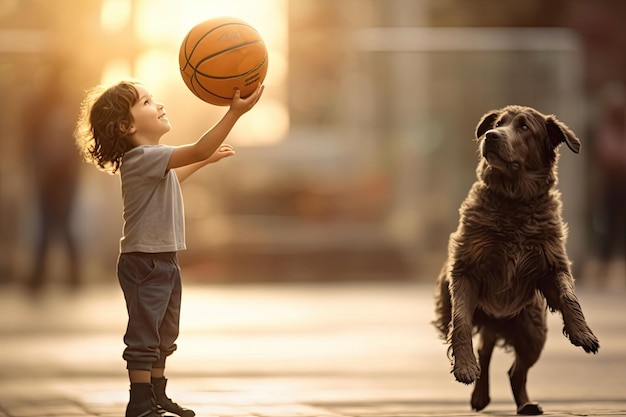 photograph of A child having fun outdoor with dog and basketball ball