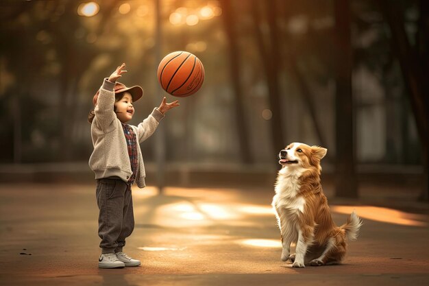 photograph of A child having fun outdoor with dog and basketball ball