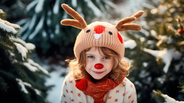 クリスマスツリーの森で喜んで笑っている鹿の帽子をかぶった子供の写真