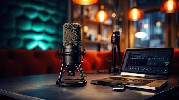 photograph of a close up of a microphone on a desk in a cozy modern podcast studio room