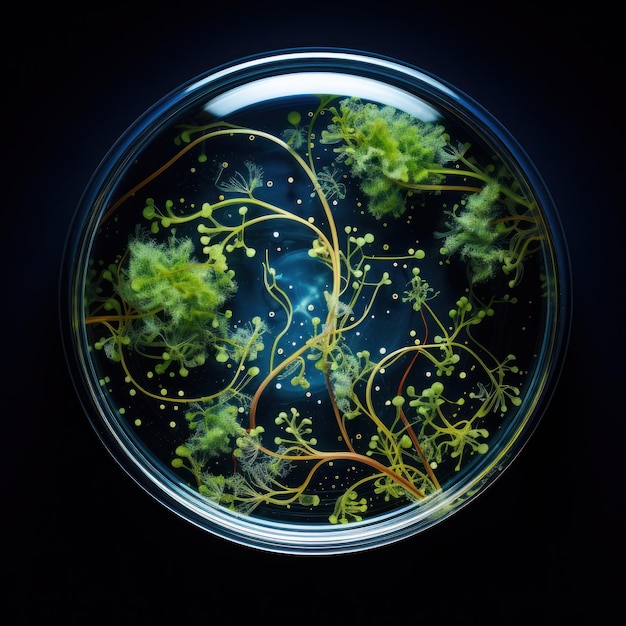 Photo photograph close up shot petri dish with bacteria and cultures on dark background