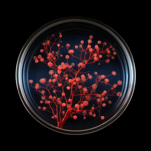 어두운 배경 에 박테리아 와 배양물질 을 담은 페트리 접시 를 가까이에서 찍은 사진