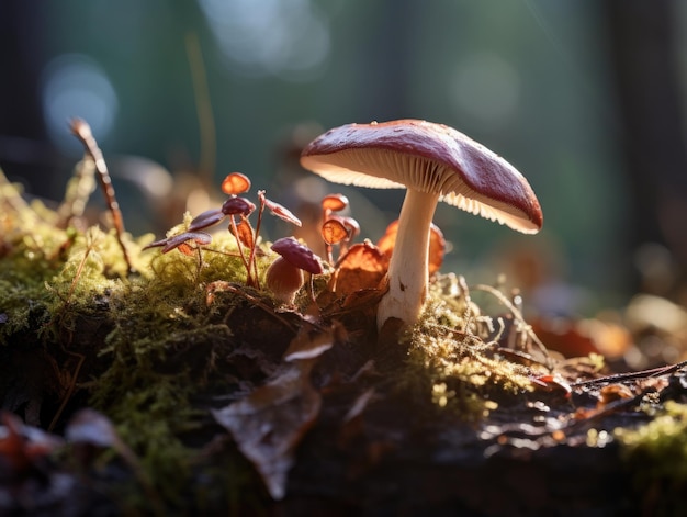 아침 빛 에 숲 에 있는 야생 버섯 을 자세히 찍는다