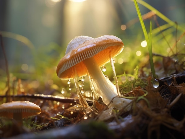 아침 빛 에 숲 에 있는 야생 버섯 을 자세히 찍는다