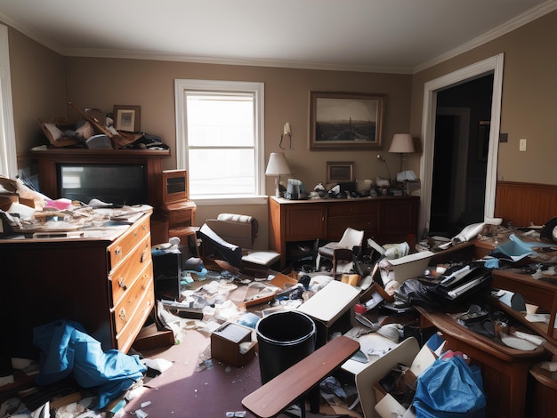 Photograph of a cluttered living space filled with trash debris broken furniture