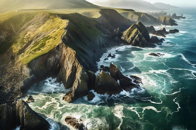 A photograph of the coast with the cliffs in the background.